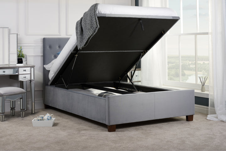 Contemporary Cologne Ottoman Bed with Gas Lift Storage and Button Detailing