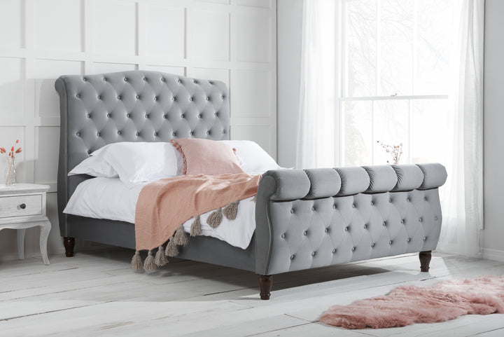 Colorado Sleigh Bed with Rolled Headboard in Luxurious Velvet Finish