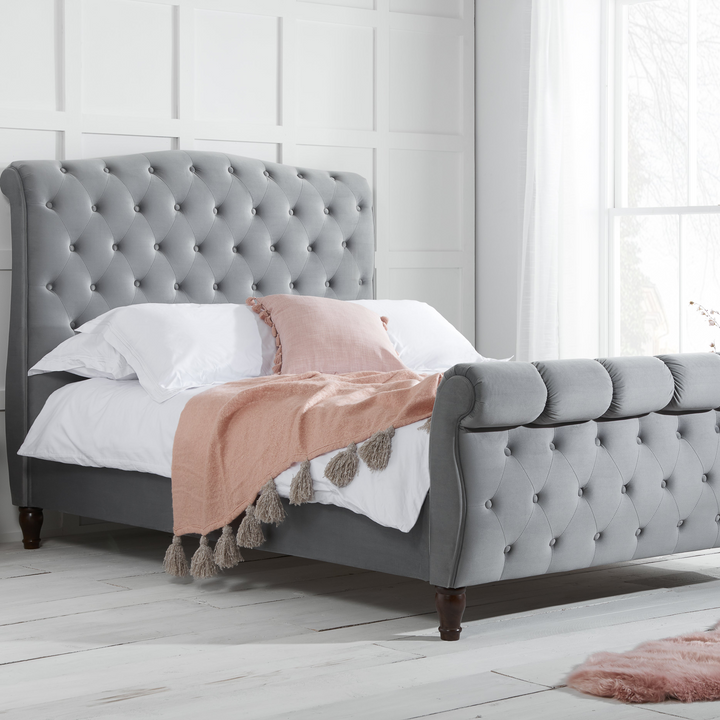 Colorado Sleigh Bed with Rolled Headboard in Luxurious Velvet Finish