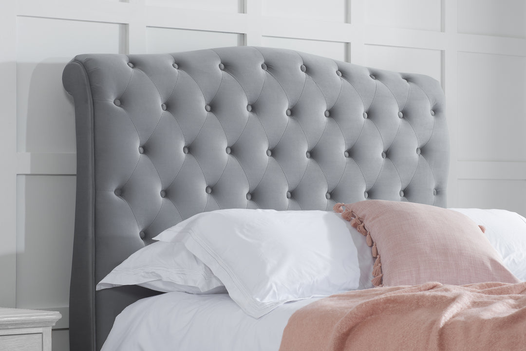 Colorado Sleigh Bed with Rolled Headboard in Luxurious Velvet Finish
