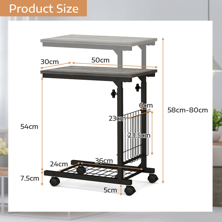 C shape Adjustable End Table with Storage Basket - TidySpaces