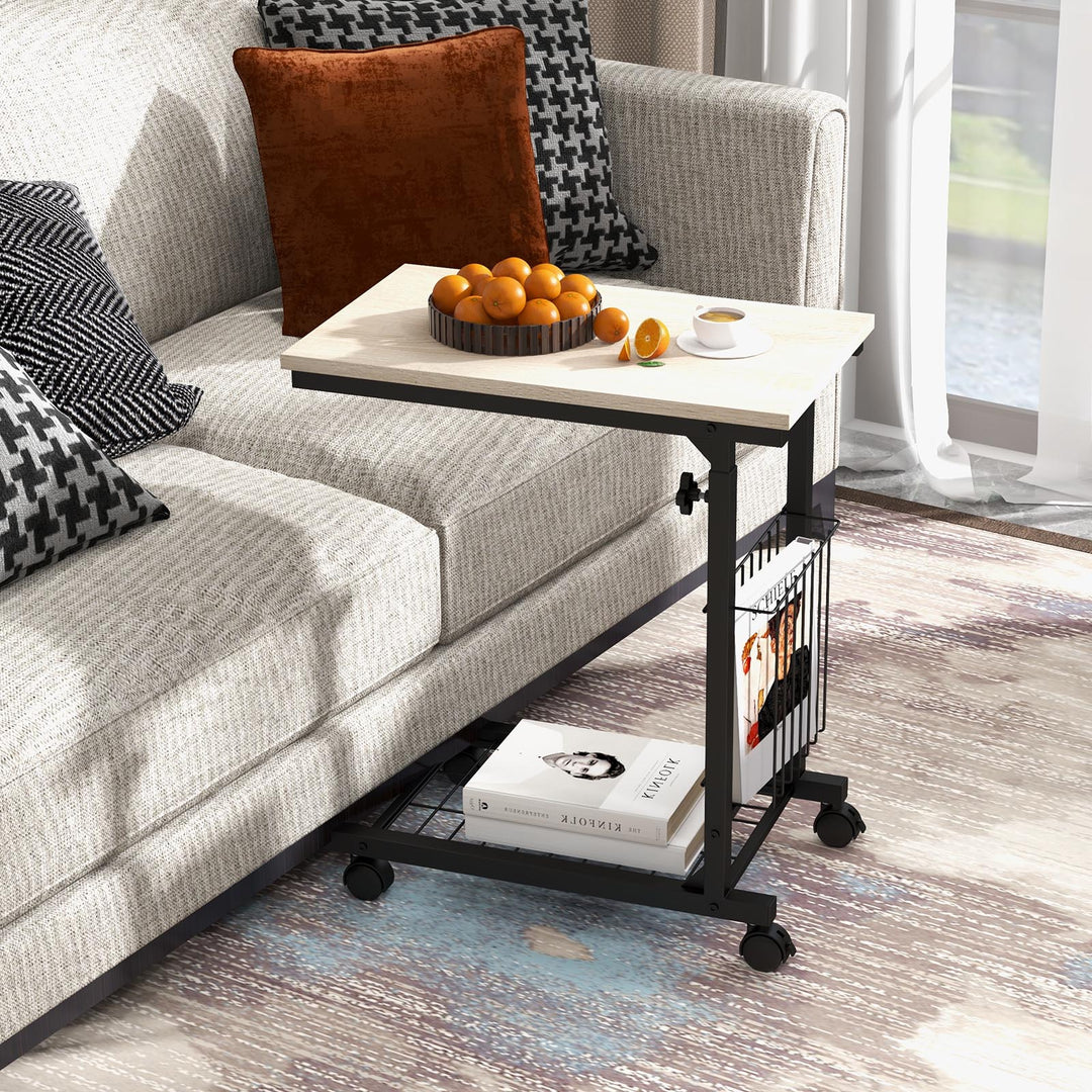 C shape Adjustable End Table with Storage Basket - TidySpaces