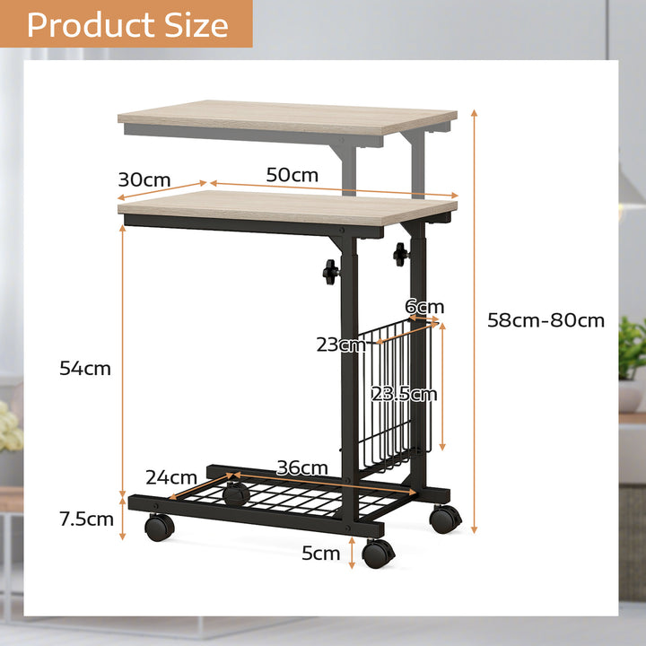C shape Adjustable End Table with Storage Basket - TidySpaces