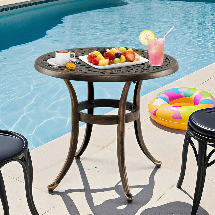 Cast Aluminium Patio Side Table with Floral Hollow-out Pattern in Bronze