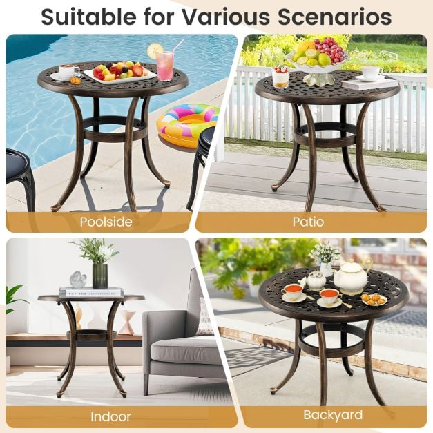 Cast Aluminium Patio Side Table with Floral Hollow-out Pattern in Bronze