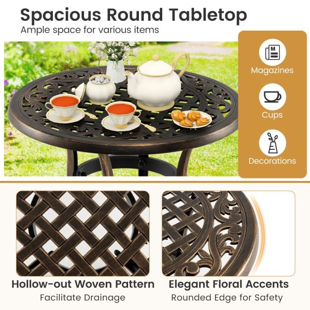 Cast Aluminium Patio Side Table with Floral Hollow-out Pattern in Bronze