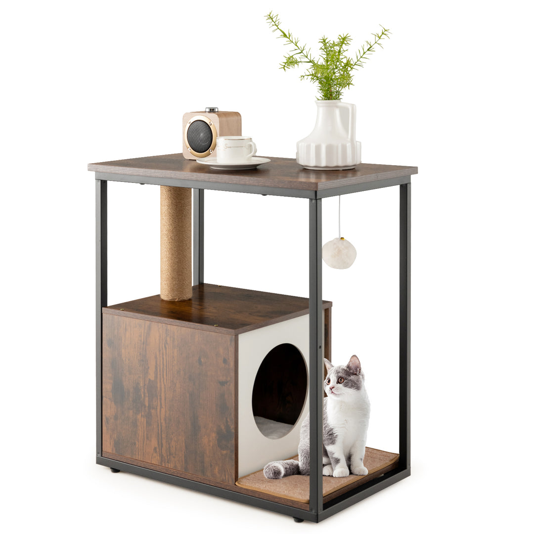 Cat Furniture End Table Cat House with Scratching Post Rustic Brown - TidySpaces