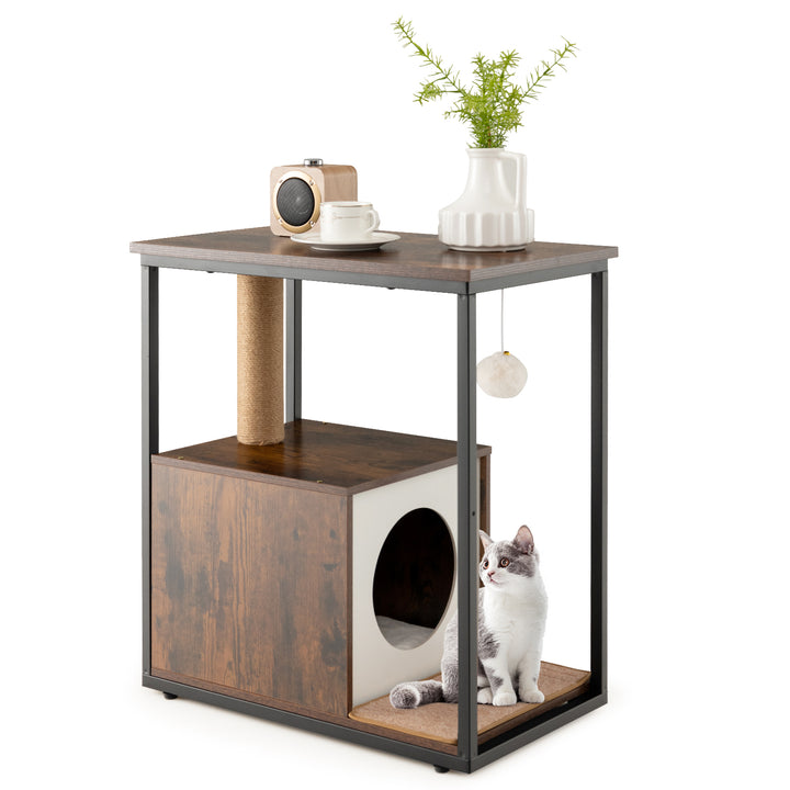 Cat Furniture End Table Cat House with Scratching Post Rustic Brown - TidySpaces