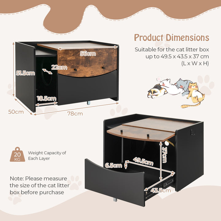 Cat Litter Box Enclosure with Pull-out Drawer, Rolling Caster and Flip Door-Black & Brown - TidySpaces