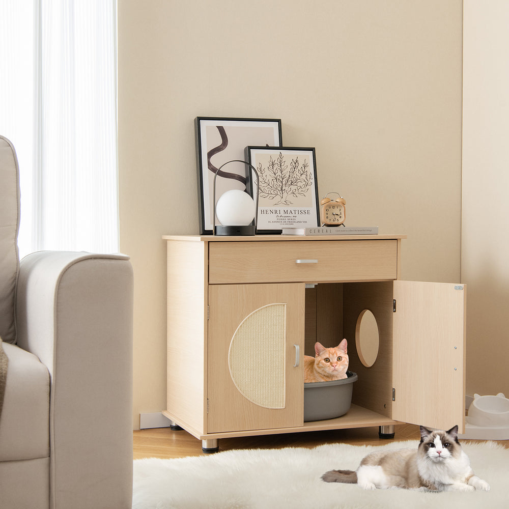 Cat Litter Box Enclosure with Sisal Scratching Doors and Drawer-Natural - TidySpaces