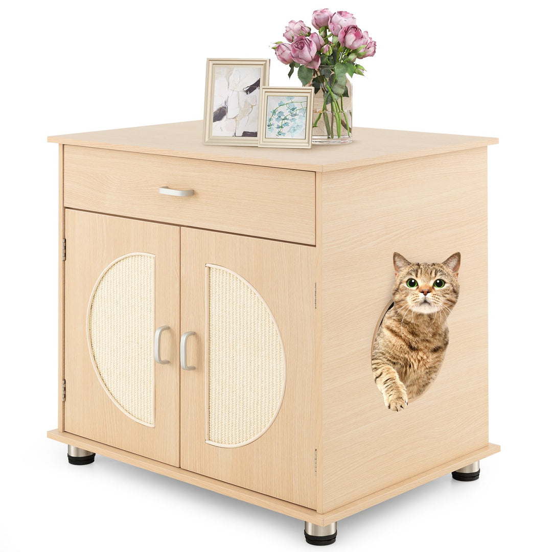 Cat Litter Box Enclosure with Sisal Scratching Doors and Drawer-Natural - TidySpaces