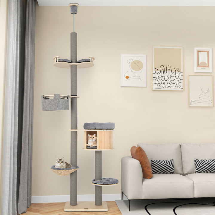 Floor to Ceiling Cat Tree with Adjustable Height for Indoor Cats-Natural