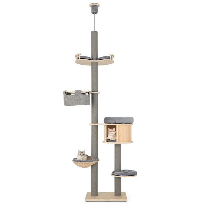 Floor to Ceiling Cat Tree with Adjustable Height for Indoor Cats-Natural