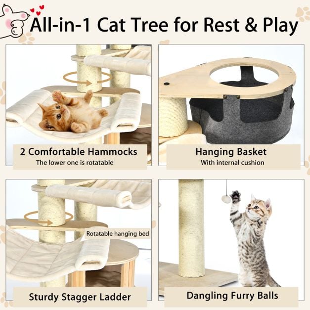 197 cm Multi-level Cat Tree Cat Tower for Play and Rest-Cream White