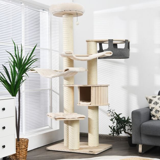 197 cm Multi-level Cat Tree Cat Tower for Play and Rest-Cream White