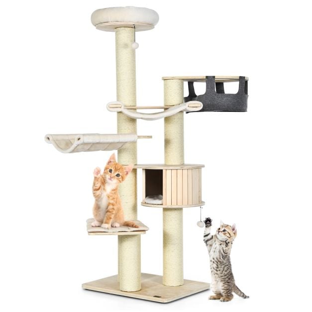 197 cm Multi-level Cat Tree Cat Tower for Play and Rest-Cream White