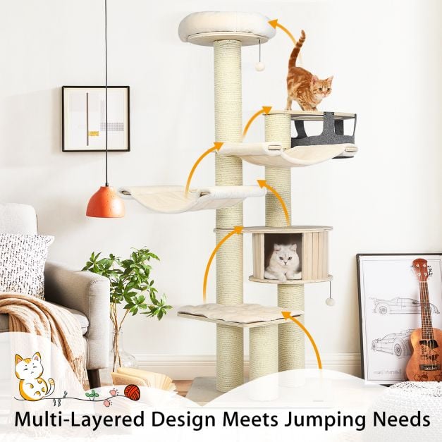 197 cm Multi-level Cat Tree Cat Tower for Play and Rest-Cream White