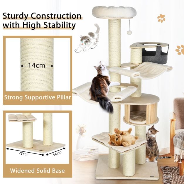 197 cm Multi-level Cat Tree Cat Tower for Play and Rest-Cream White