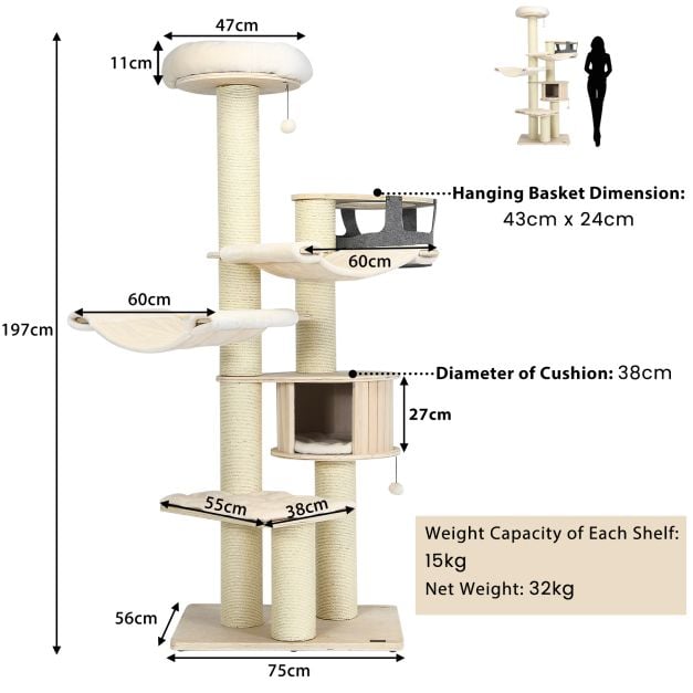 197 cm Multi-level Cat Tree Cat Tower for Play and Rest-Cream White