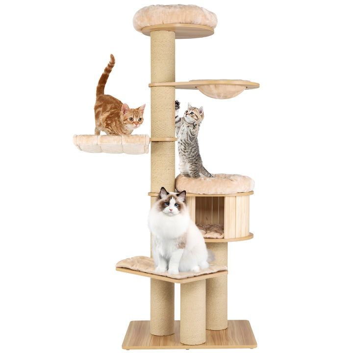 Modern Tall Cat Tree Tower with Wooden Cat Condo-Beige