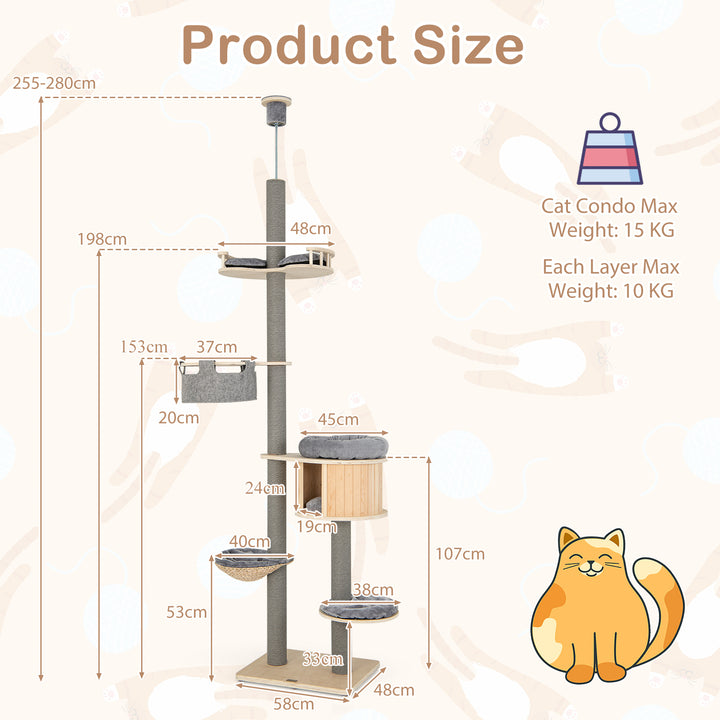 Floor to Ceiling Cat Tree with Adjustable Height for Indoor Cats-Natural