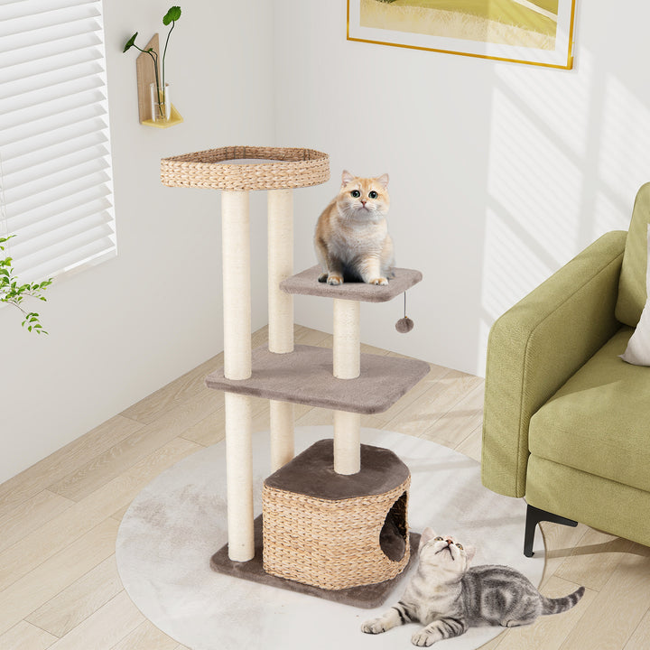 Cattail Cat Tower with Sisal Scratching Posts Perch Condo and Dangling Ball-Coffee - TidySpaces