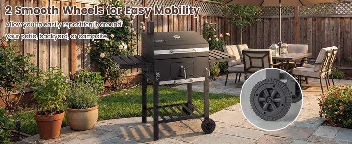 Charcoal BBQ Grill with Foldable Side Tables Hooks and Wheels