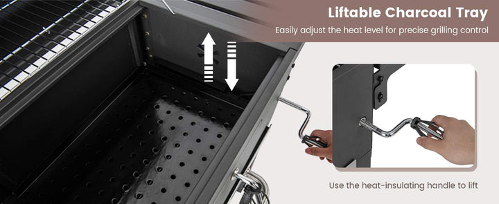 Charcoal BBQ Grill with Foldable Side Tables Hooks and Wheels