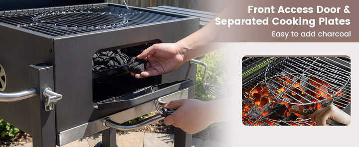 Charcoal BBQ Grill with Foldable Side Tables Hooks and Wheels