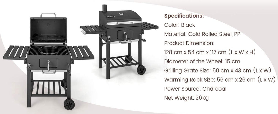 Charcoal BBQ Grill with Foldable Side Tables Hooks and Wheels