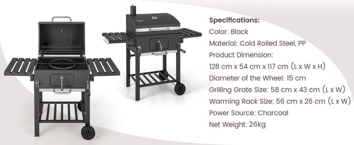 Charcoal BBQ Grill with Foldable Side Tables Hooks and Wheels