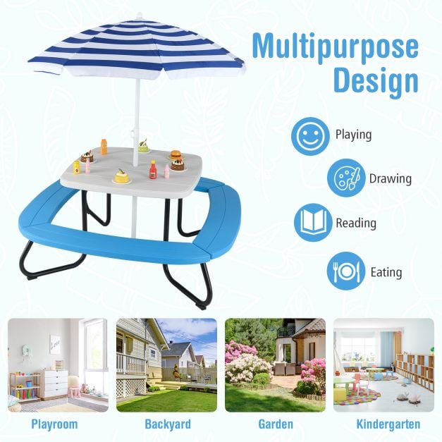 Children HDPE Kids Picnic Table with Height Adjustable Umbrella-White