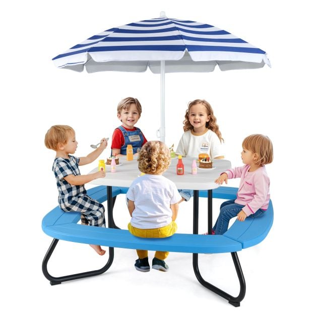 Children HDPE Kids Picnic Table with Height Adjustable Umbrella-White