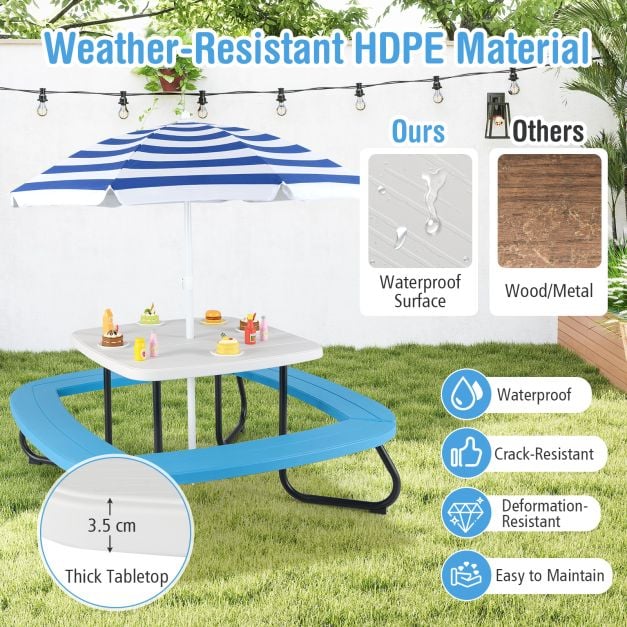 Children HDPE Kids Picnic Table with Height Adjustable Umbrella-White