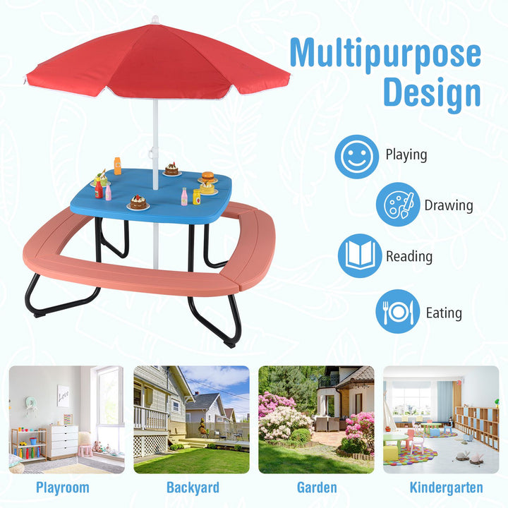 Children HDPE Kids Picnic Table with Height Adjustable Umbrella-Blue