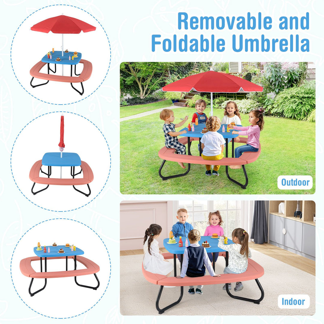 Children HDPE Kids Picnic Table with Height Adjustable Umbrella-Blue