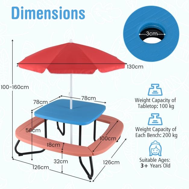Children HDPE Kids Picnic Table with Height Adjustable Umbrella-Blue