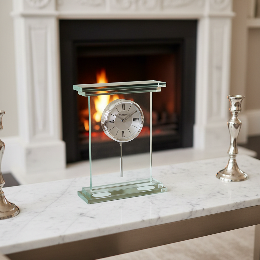 A clear glass table clock with a silver-toned circular face and black Roman numerals, displayed on a white marble coffee table in front of a lit fireplace.