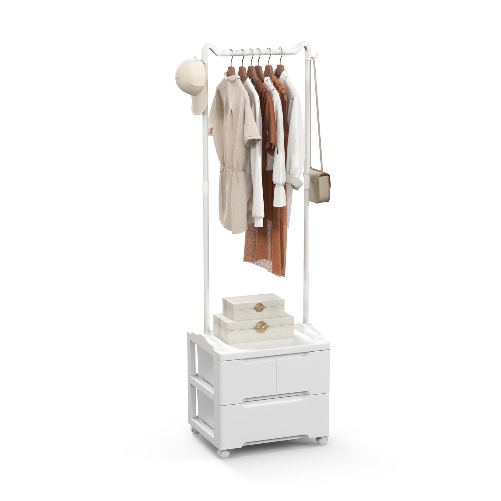 Clothing Rack with Drawers Rolling Garment Rack with Side Hooks White TidySpaces
