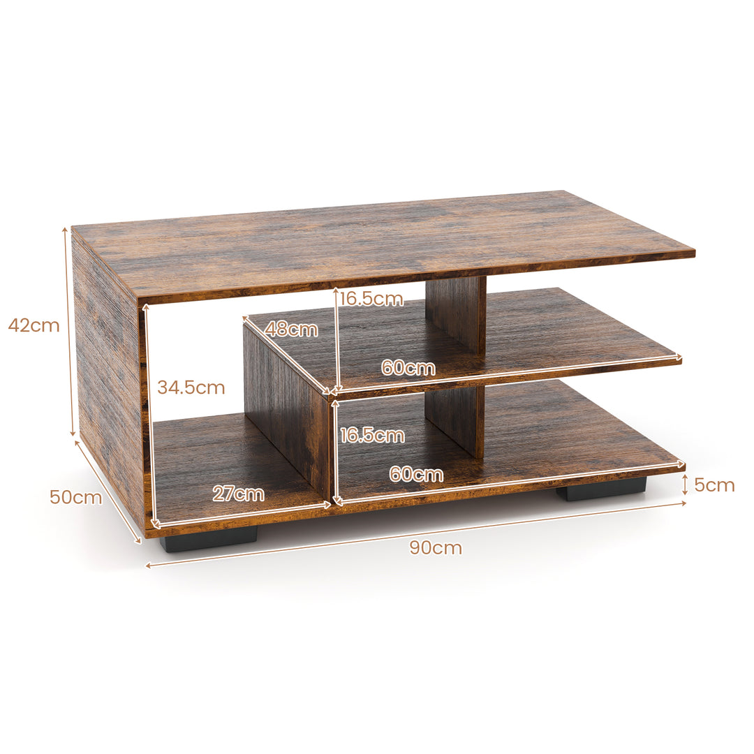 Coffee Table 3 Tier Rectangular Center with L Shaped Middle Shelf