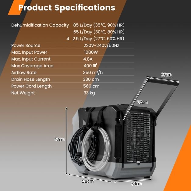 85 L/Day Commercial Dehumidifier with Auto Defrost for Efficient Moisture Control
