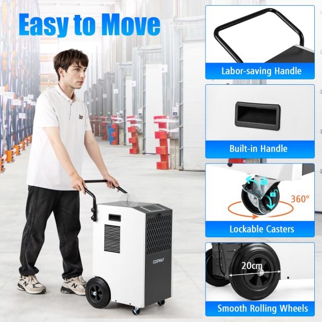 73 L/Day Commercial Dehumidifier with Drain Hose and Timer for Efficient Moisture Control