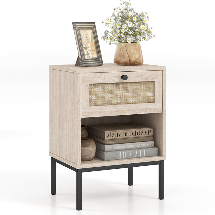 Boho Style Nightstand with Rattan Drawer and Open Shelf