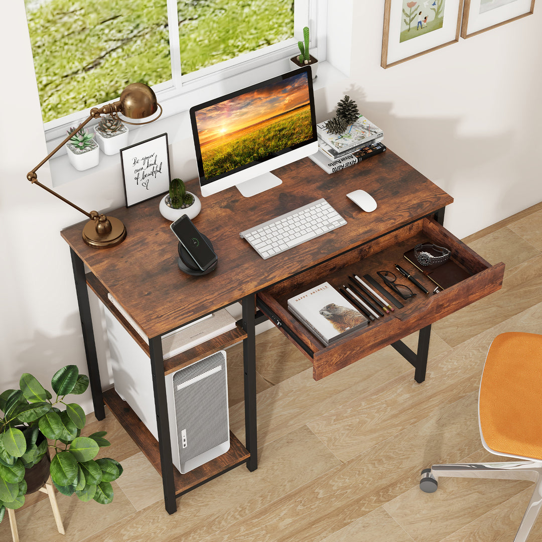100 CM Industrial Home Office Desk with Drawer and Adjustable Shelf Rustic Brown - TidySpaces