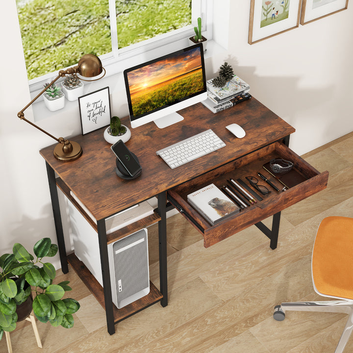 100 CM Industrial Home Office Desk with Drawer and Adjustable Shelf Rustic Brown - TidySpaces