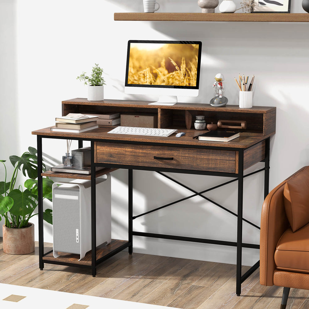 Computer Desk Workstation with Monitor Stand and Drawer Rustic Brown - TidySpaces