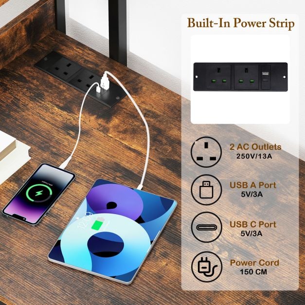 Computer Desk with Power Strip 120 CM Study Writing Desk with Bookshelf