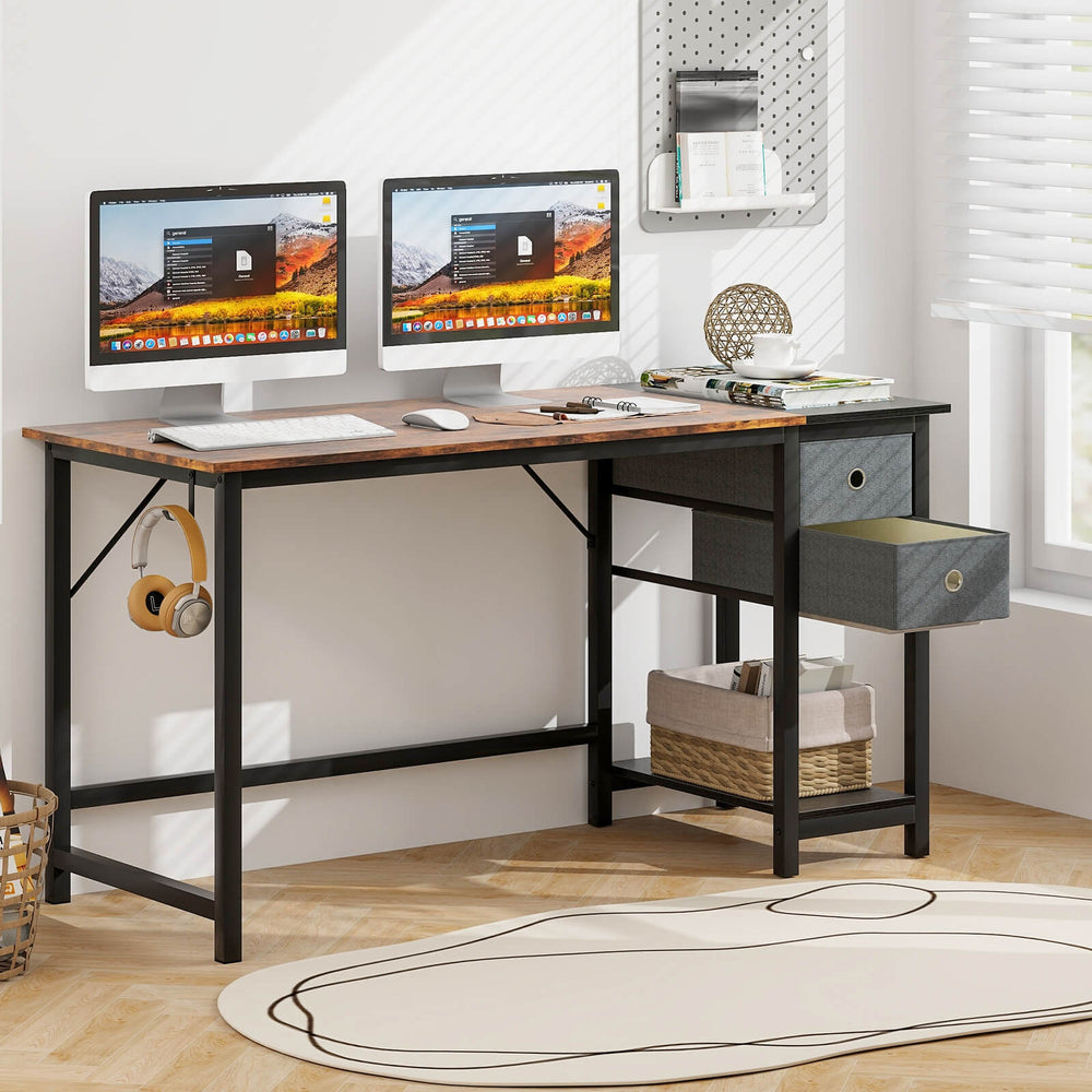 140cm Home Office Desk with 2 Drawers Hanging Hook Rustic Brown + Black - TidySpaces
