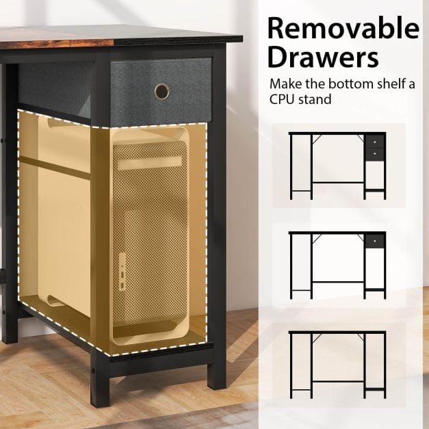 120cm / 140cm Home Office Desk with 2 Drawers Hanging Hook Rustic Brown + Black - TidySpaces