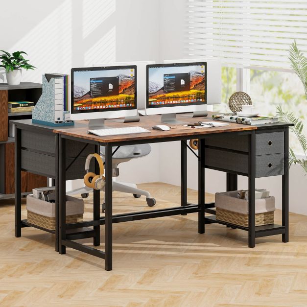 120cm / 140cm Home Office Desk with 2 Drawers Hanging Hook Rustic Brown + Black - TidySpaces